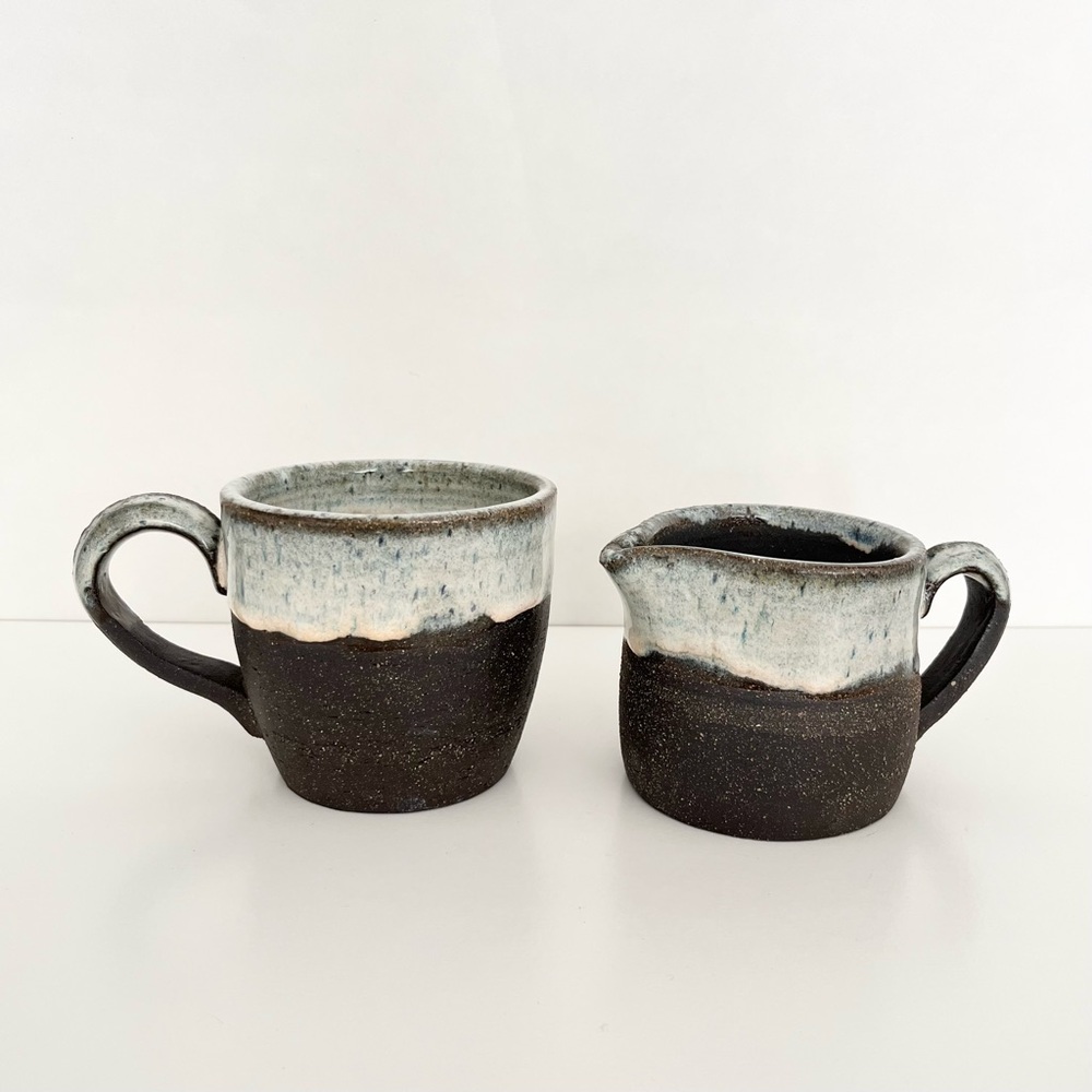 Handmade Studio Pottery Coffee Mug & Creamer Blue Brown Glazed Heavy Rustic